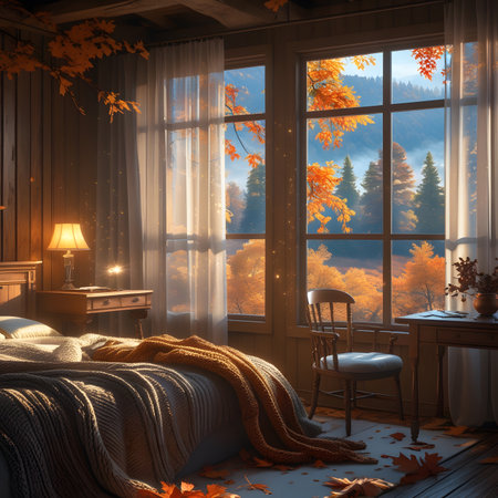 3D render of a beautiful bedroom with a large window overlooking the autumn forestの素材