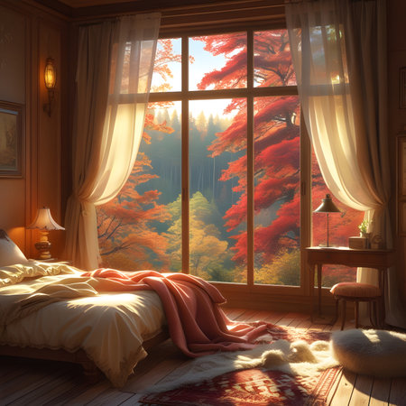 Interior of a bedroom in autumn with a large window overlooking the autumn forestの素材
