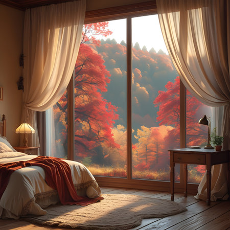 Interior of a modern bedroom with a large window overlooking the autumn forestの素材