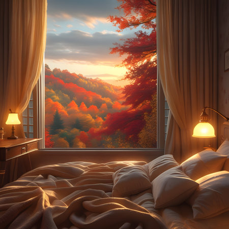 Bedroom interior with a view of the autumn forest through the windowの素材