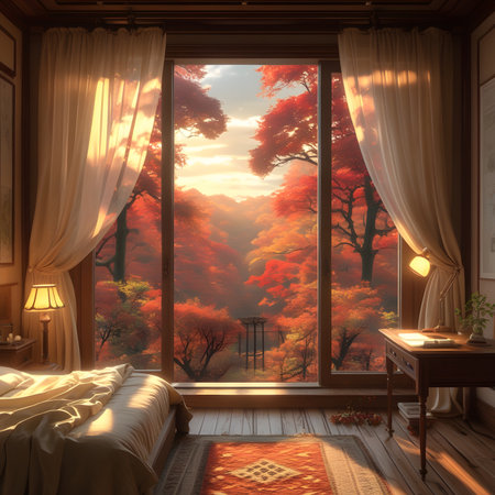 3d render of a bedroom with a large window overlooking the autumn forestの素材