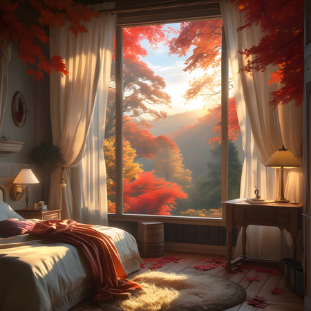 Bedroom interior with beautiful autumn landscape. 3d render concept.の素材