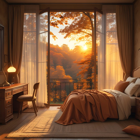 3d illustration of a bedroom interior with a large window overlooking the forestの素材