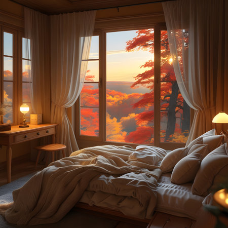 3d illustration of a bedroom interior with a window overlooking the autumn forestの素材