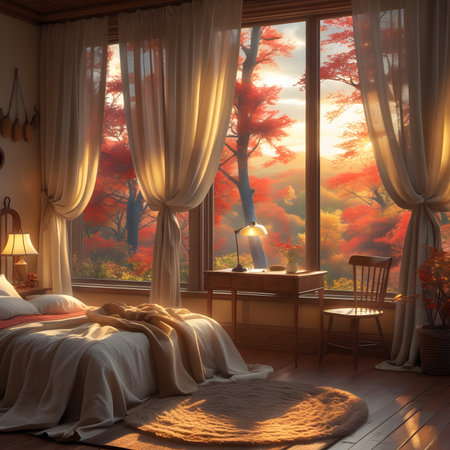 3d render interior of bedroom with orange autumn forest and beautiful sunsetの素材