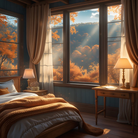 3d render of a bedroom interior with a view of the sunsetの素材