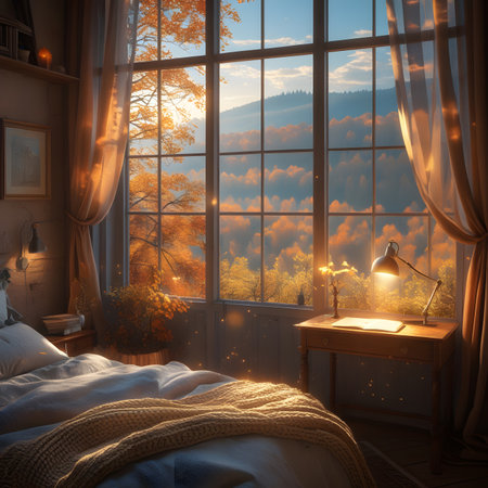 Bedroom interior with a window overlooking the autumn forest. 3d renderの素材