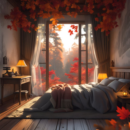 3D render of a beautiful bedroom with a window and autumn leavesの素材