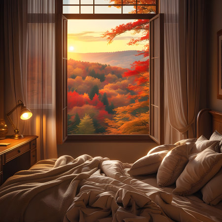 Bedroom interior with a view of the autumn forest through the windowの素材