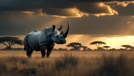 White rhinoceros in savannah at sunset, South Africaの素材