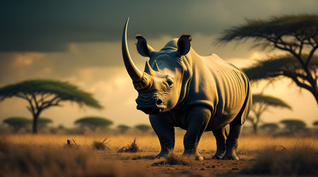 White rhinoceros in savannah, Tanzania, Africa.の素材
