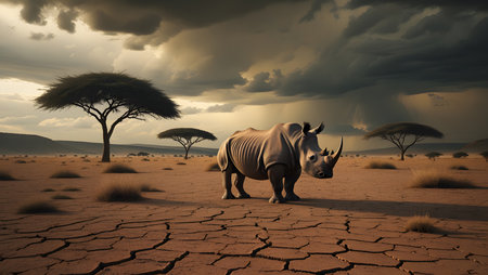 White rhinoceros in the savannah, 3d renderの素材