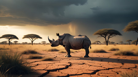 Rhinoceros in the savannah of Africa, 3d renderの素材