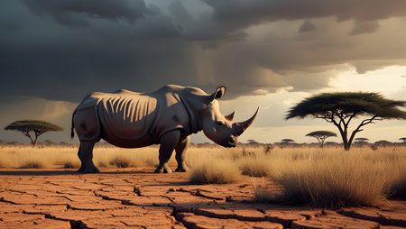 White rhinoceros in the savanna of Namibia.の素材