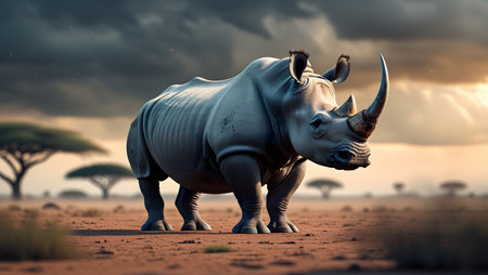White rhinoceros in savanna at sunset - 3d renderの素材