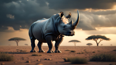 White rhinoceros in the savanna of Namibia.の素材