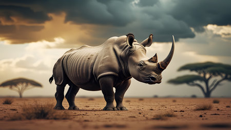 White rhinoceros in savannah, Namibia, Africaの素材