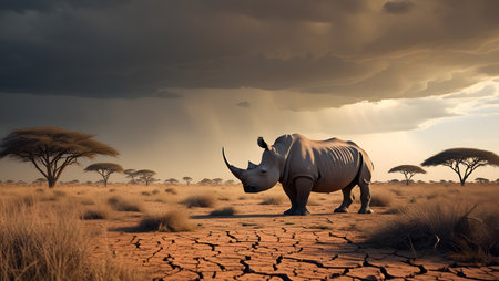 White rhinoceros in the savannah. 3D renderingの素材