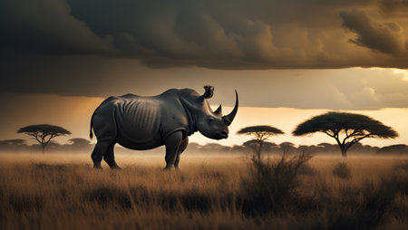 White rhinoceros (Ceratotherium simum) at sunsetの素材