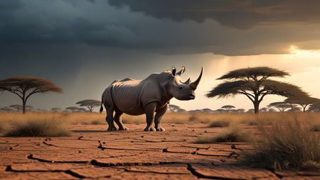White rhinoceros in the savannah at sunset, Africaの素材