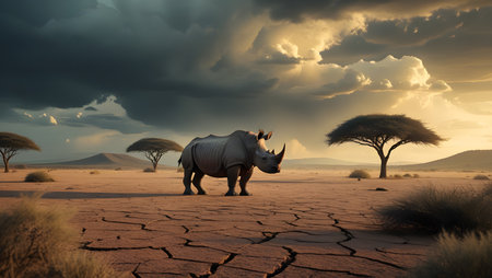 White rhinoceros in the savannah at sunset, Namibiaの素材