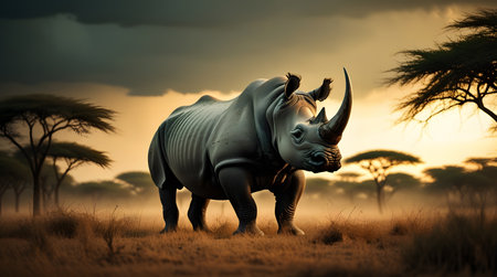 Rhinoceros in savanna at sunset, 3d renderの素材