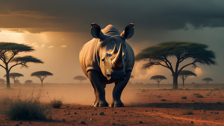 White rhinoceros in the savannah of africa.の素材