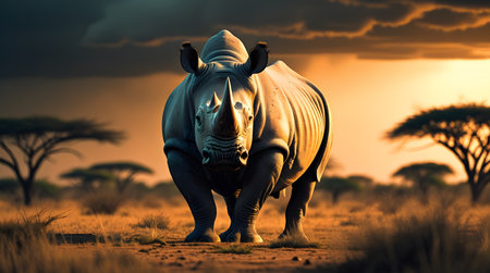African rhinoceros in savannah at sunset, Kruger National Park, South Africaの素材