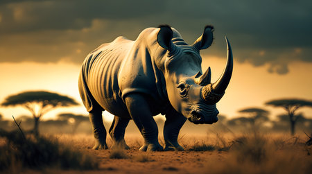 White rhinoceros in savannah at sunset, Kenya, Africaの素材