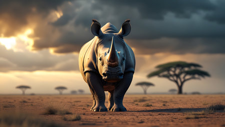 Rhinoceros in the savannah. 3D illustration.の素材