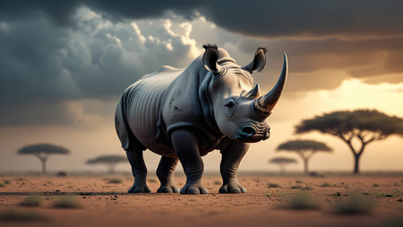 White rhinoceros standing in savannah. 3D renderingの素材