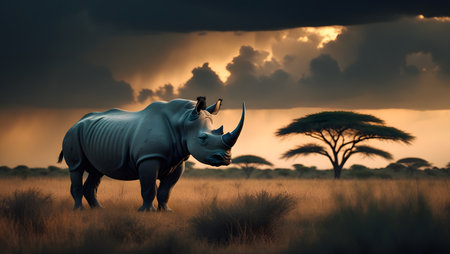 White rhinoceros in savannah at sunset, Kruger National Park, South Africaの素材