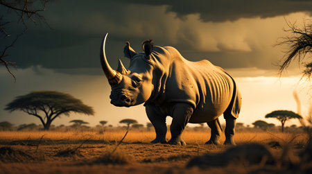 White rhinoceros in savannah at sunset, Kruger National Park, South Africaの素材