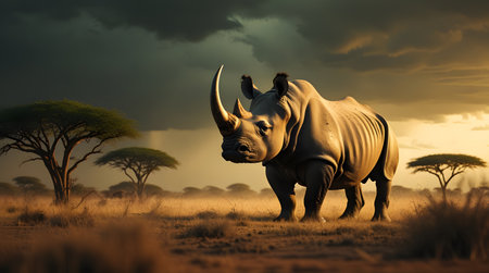 African rhinoceros in savannah at sunset, 3d renderの素材