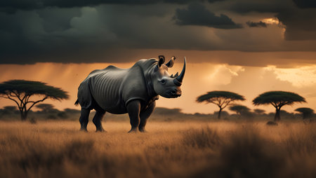 White rhinoceros walking in savannah at sunset, 3d renderの素材