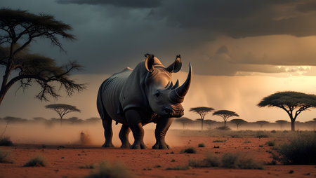 White rhinoceros in savannah at sunset, Namibiaの素材