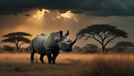 White rhinoceros in the savannah at sunset, 3d renderの素材