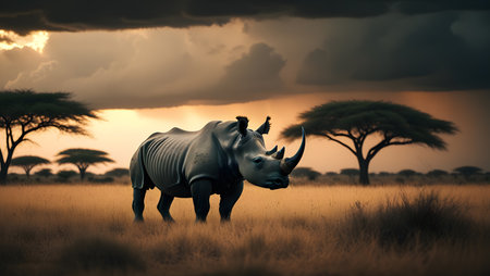 White rhinoceros in savannah at sunset, South Africaの素材