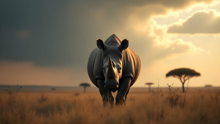 White rhinoceros in savannah at sunset, 3d illustrationの素材