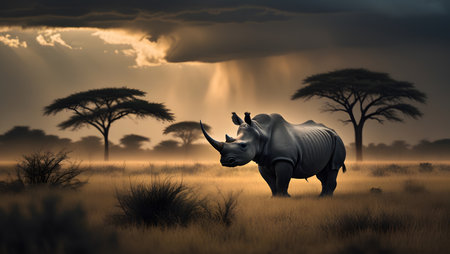 White rhinoceros in the savannah at sunset - 3D renderの素材
