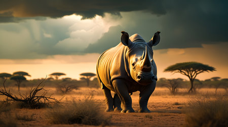 Rhinoceros in savannah at sunset, Namibia, Africaの素材