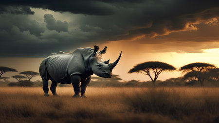White rhinoceros in savannah at sunset, 3d renderの素材