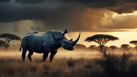 White rhinoceros in savannah at sunset, South Africaの素材