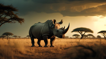 Rhinoceros in the savannah at sunset. 3d renderの素材
