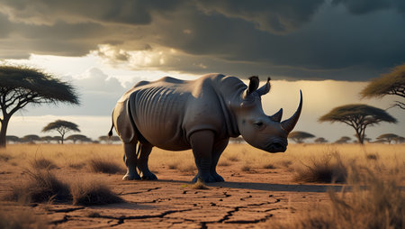 White rhinoceros in the savannah at sunset, Namibiaの素材