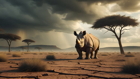 African savannah with a rhinoceros. 3d renderの素材