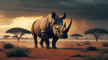 Rhinoceros in the savannah of Africa. 3d renderの素材