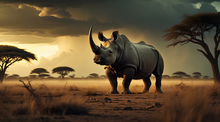 White rhinoceros in savanna at sunset, 3d renderの素材