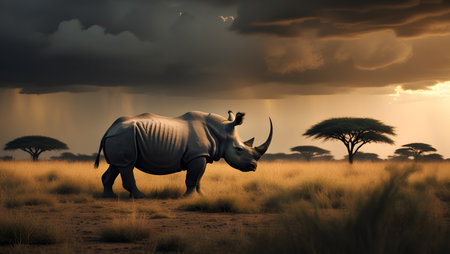 White rhinoceros in the savannah at sunset - 3D renderの素材
