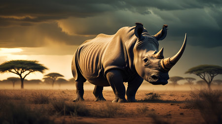 White rhinoceros in savannah with dramatic sky, South Africaの素材